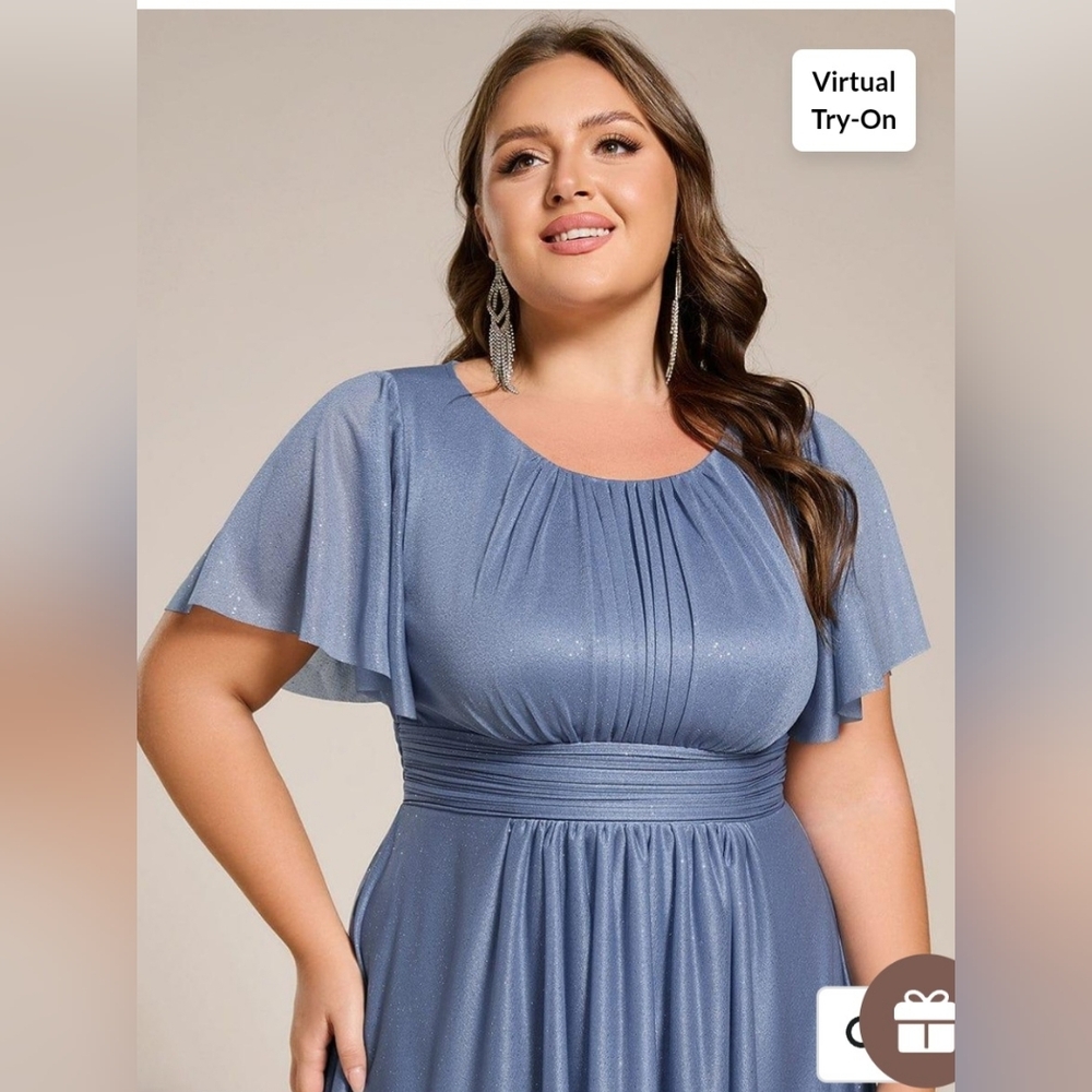Ever Pretty Blue Round Neck Midi Dress, Sparkly Material, Flutter Sleeves SZ 16 - Picture 3 of 9